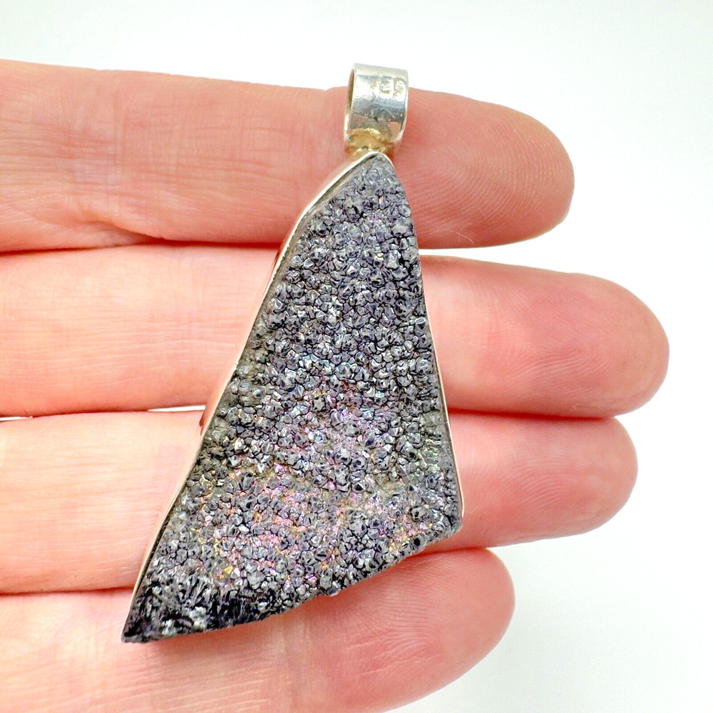 Estate Druzy Quartz Sterling Silver 925 Geometric Pendant Black Purple 16.72g